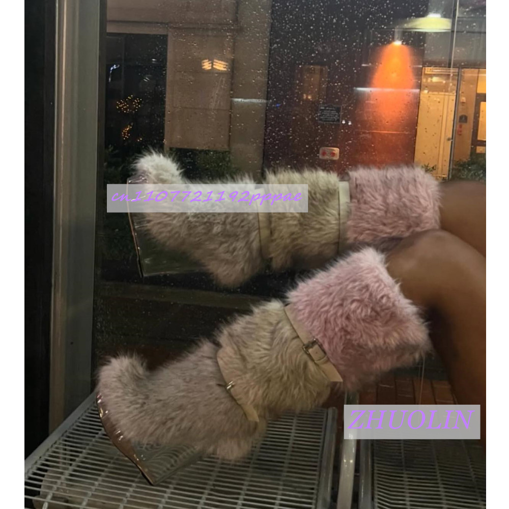 Women'S Fashion Knee High Boots - Zimowe Gradientowe Futrzane Przezroczyste Botki na
