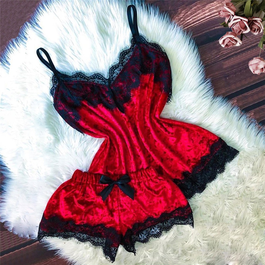Lace Trim Cami - Letnia piżama damska aksamitna kokarda bielizna