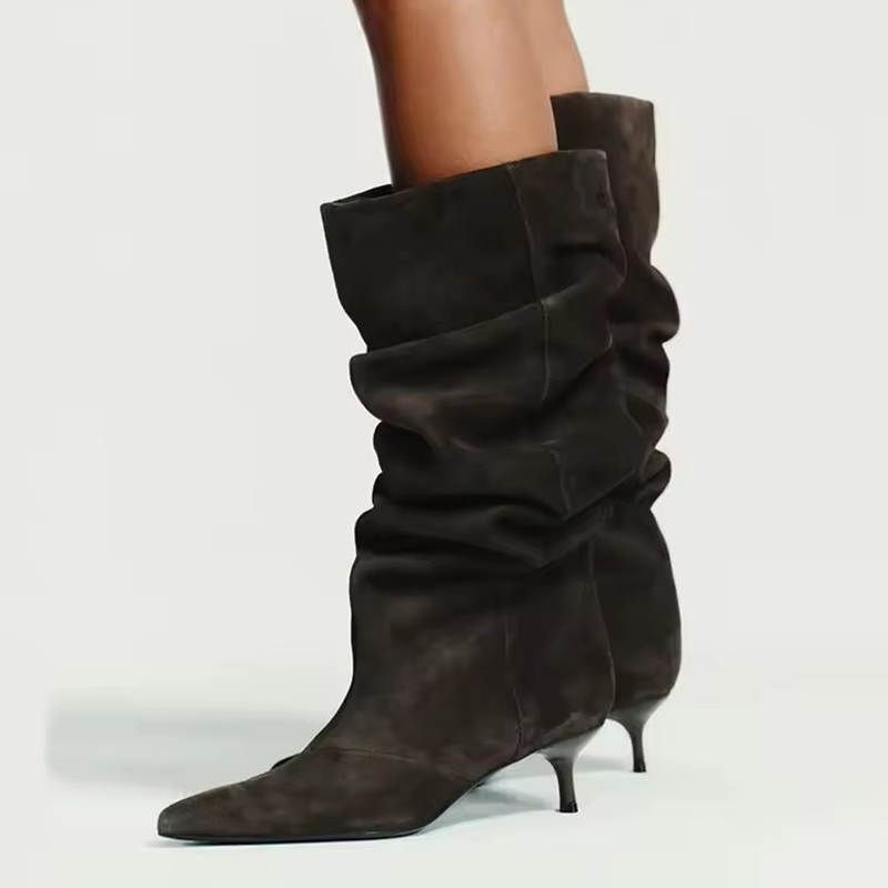Women'S Fashion Knee High Boots - Liyke Runway Modne Plisowane Zamszowe Kozaki